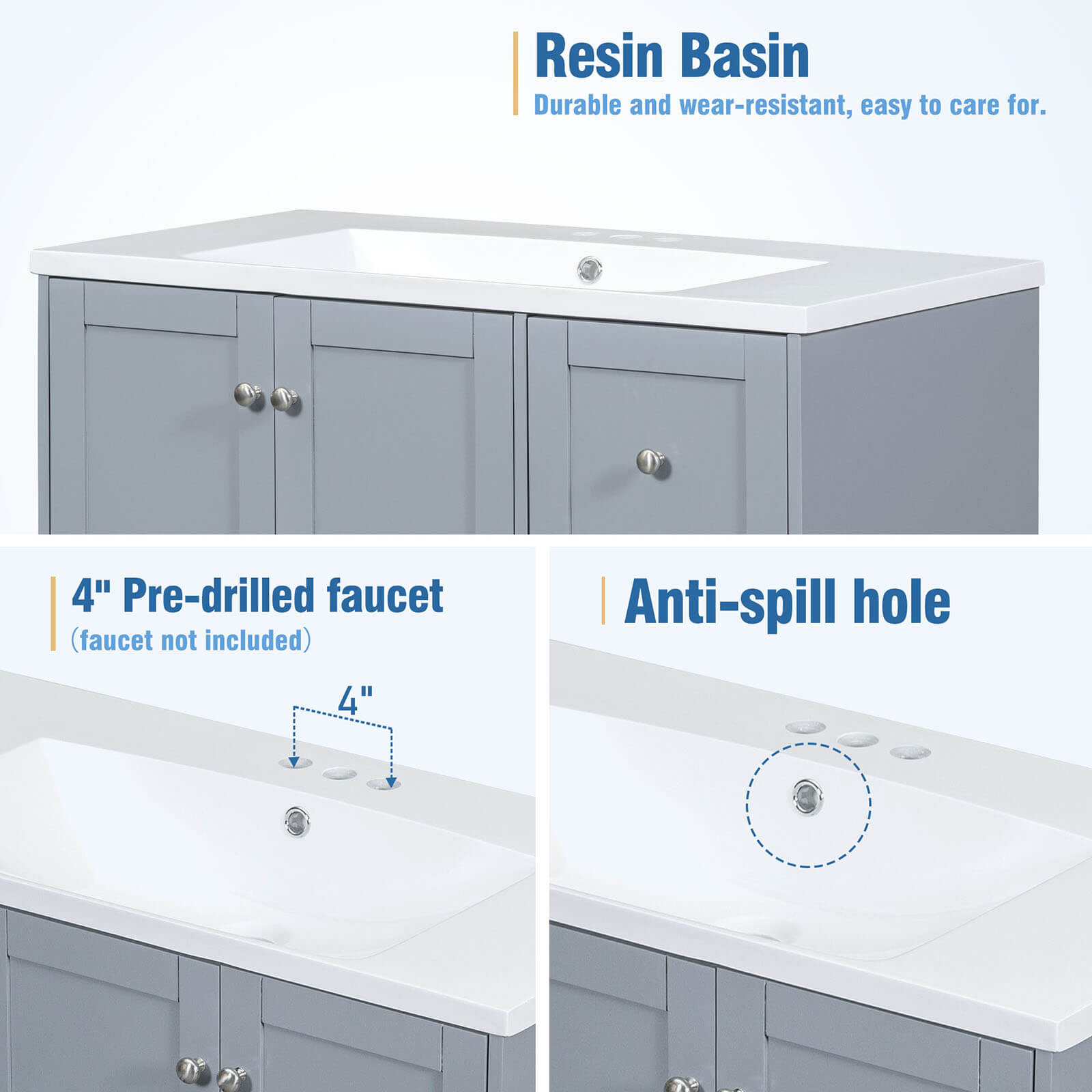 Resin sink detail for 36 inch grey bathroom vanity