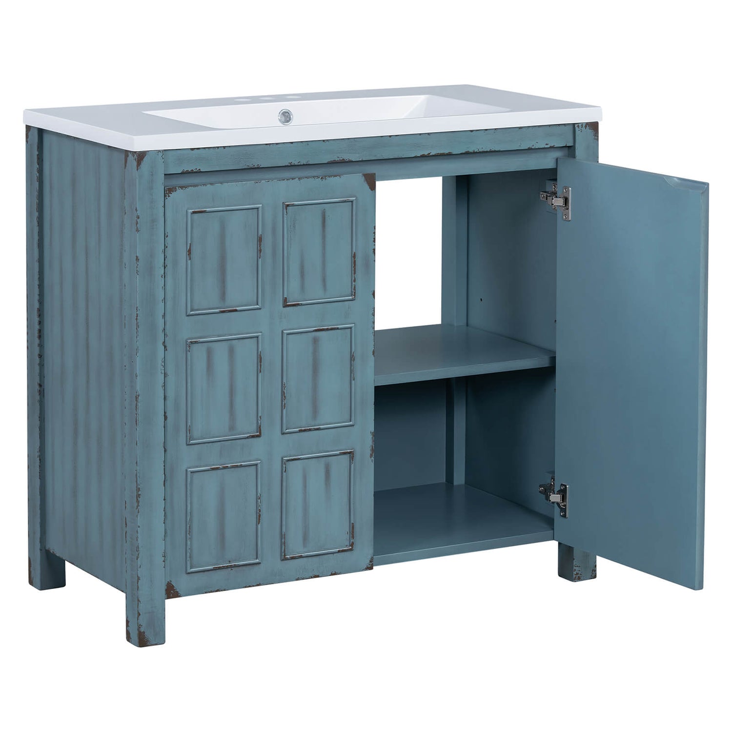 Retro blue bathroom vanity with elegant grid pattern and weathered finish