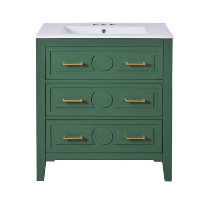 Retro green bathroom vanity with solid wood frame and ceramic basin