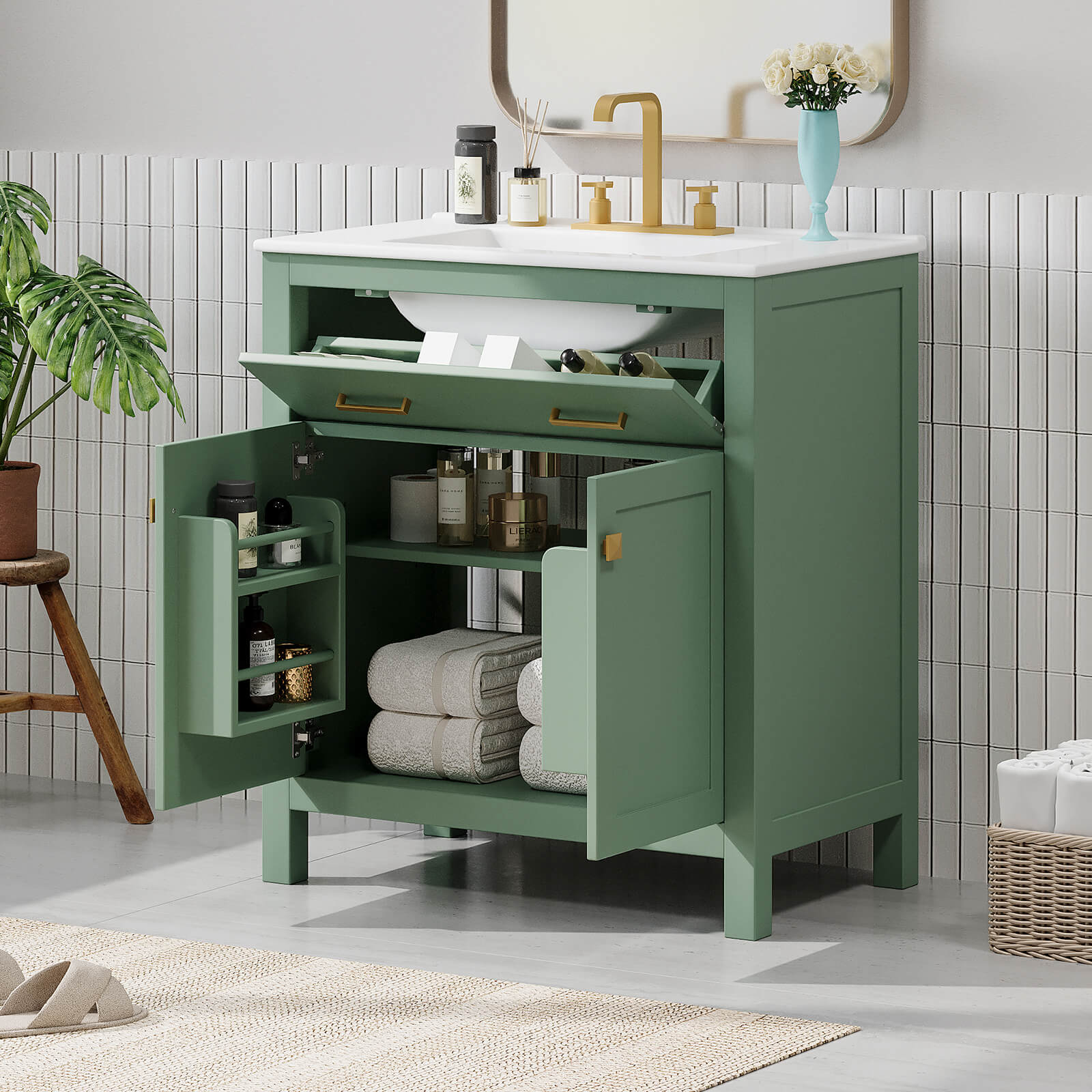 Sage green bathroom vanity featuring smooth non-porous ceramic surface