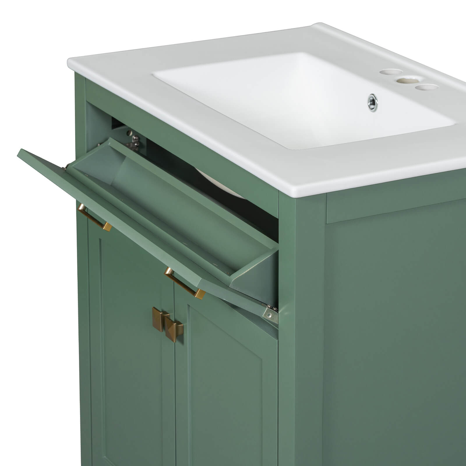 Sage green vanity with ceramic countertop and undermount sink