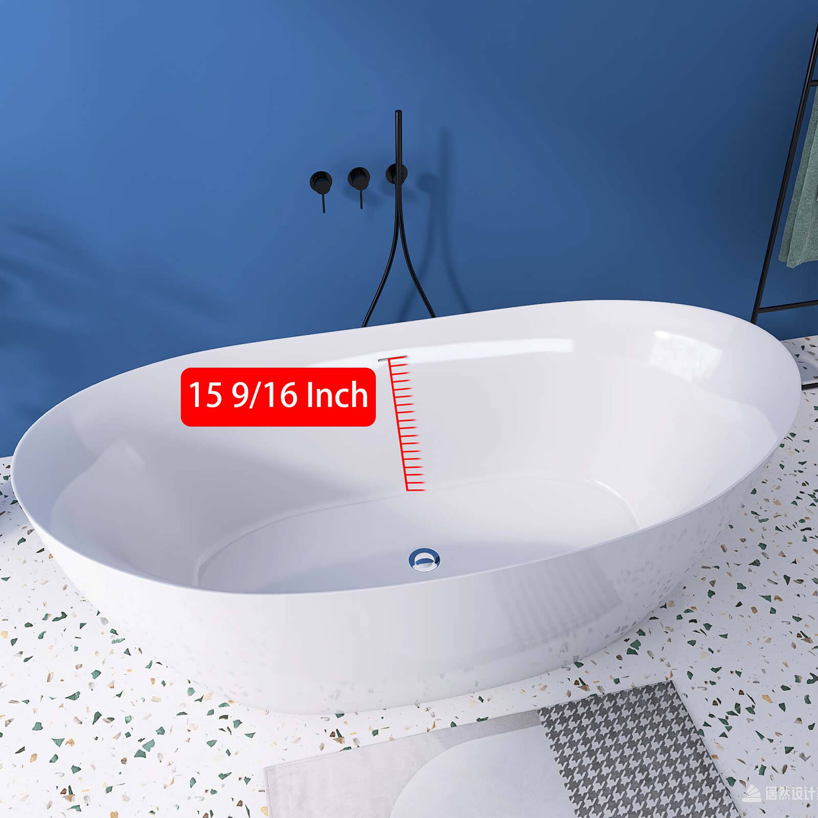 Schematic diagram of soaking depth of 68 inch acrylic double slipper bathtub