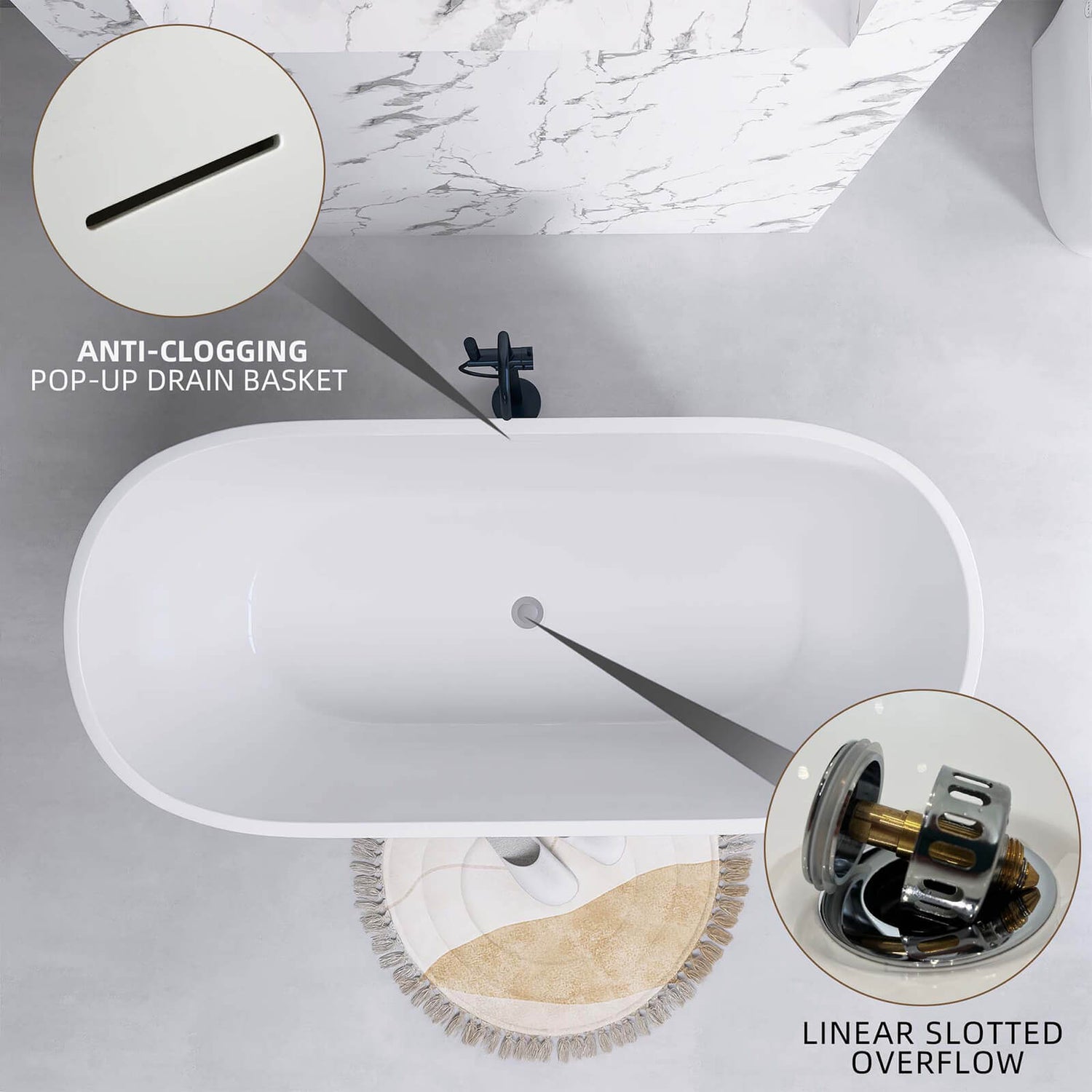 Schematic diagram of the drain and overflow of a 65 inch 5 layer insulated acrylic bathtub