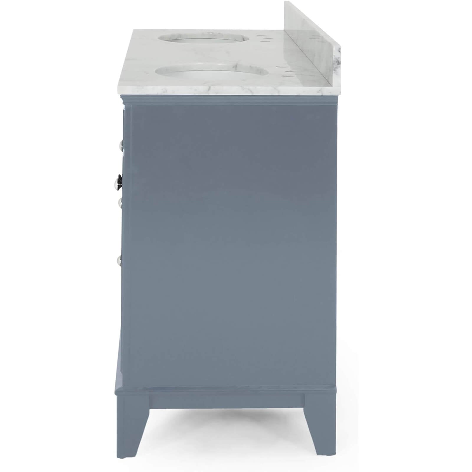 Side view of the 61 blue gray double sink vanity with backsplash