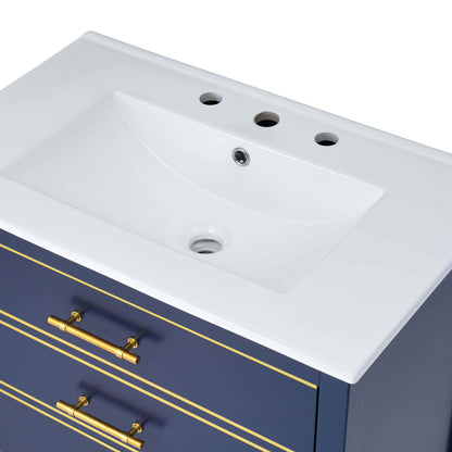 Side Angle of Navy Blue Freestanding Bathroom Vanity with Ceramic Sink