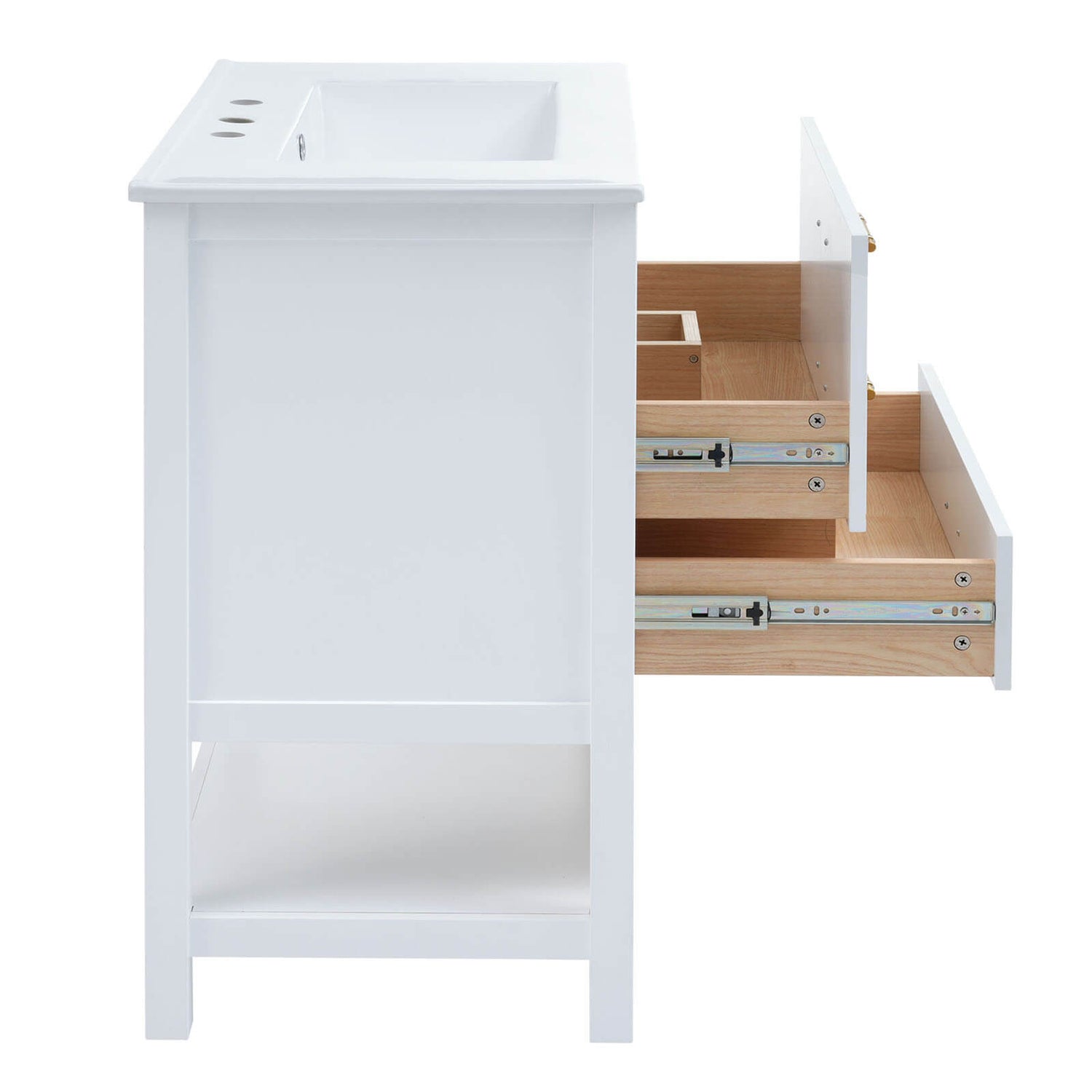 Side view of the vanity highlighting the sleek white finish