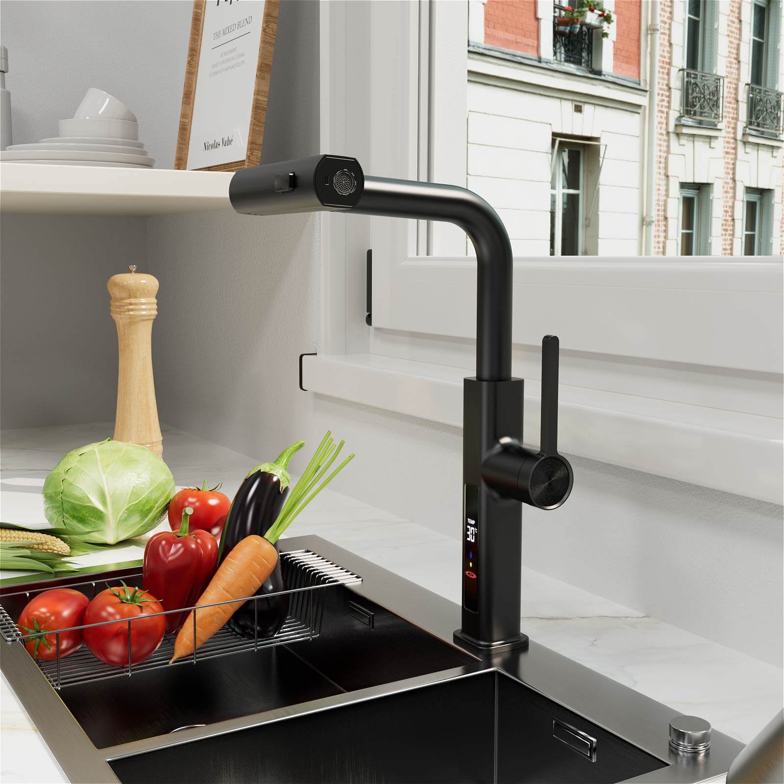 Single handle kitchen faucet with a retractable sprayer and smooth control