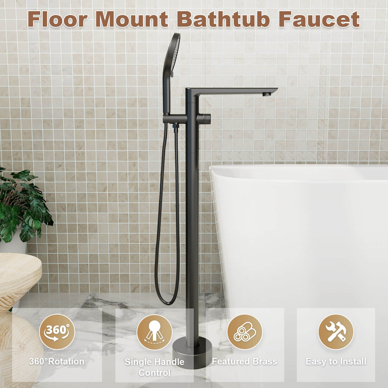 Brass Floor Mount Bathtub Faucet Single Handle Standing Tub Filler with Handheld Shower, 360° Swivel Spout