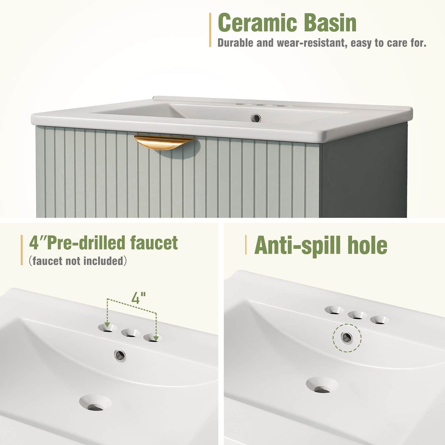 Sink Hole Diagram for 24 inch Sage Green Floating Bathroom Vanity with Sink