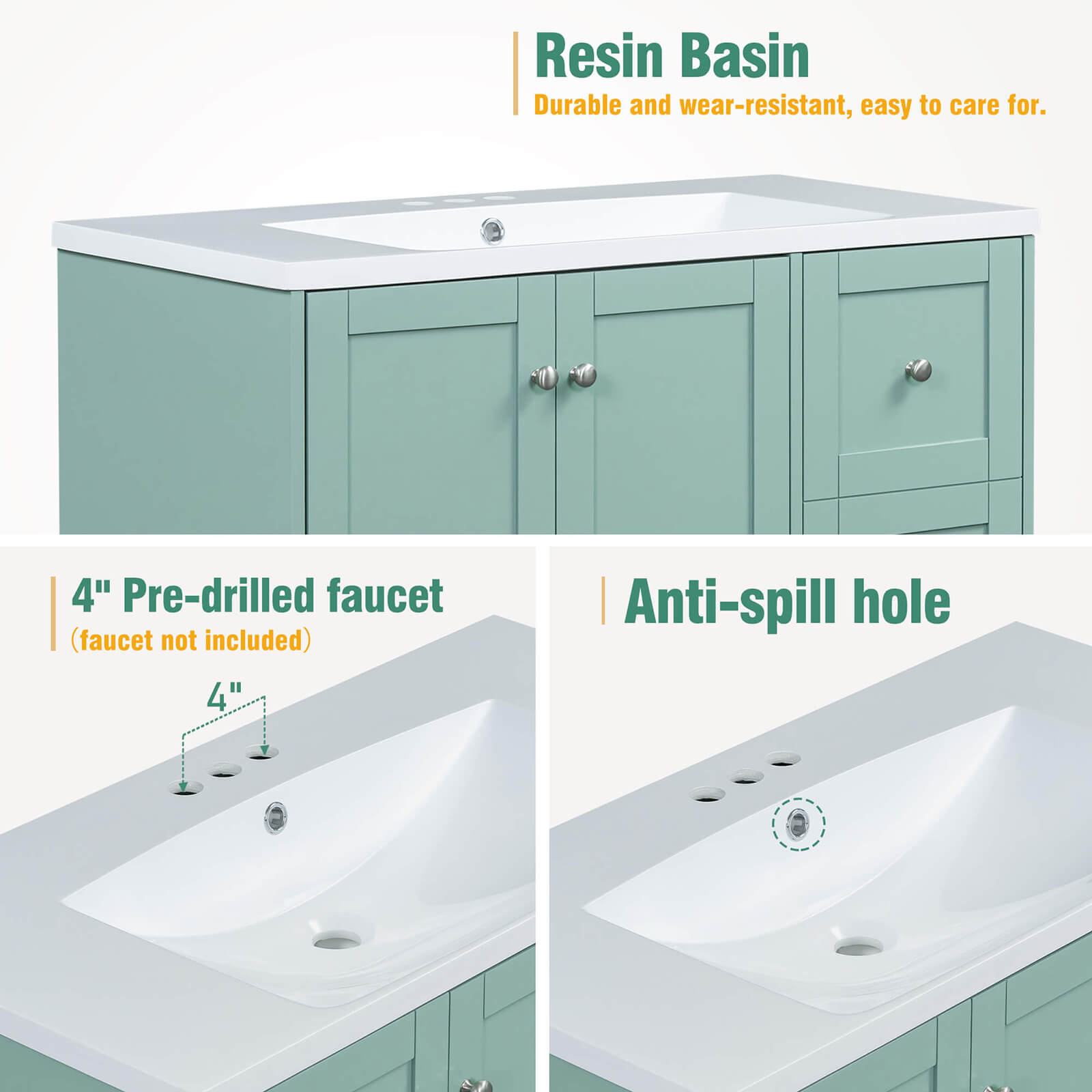 Sink Hole Dimensions for a 36 Inch Mint Green Bathroom Vanity with Integrated USB Charging