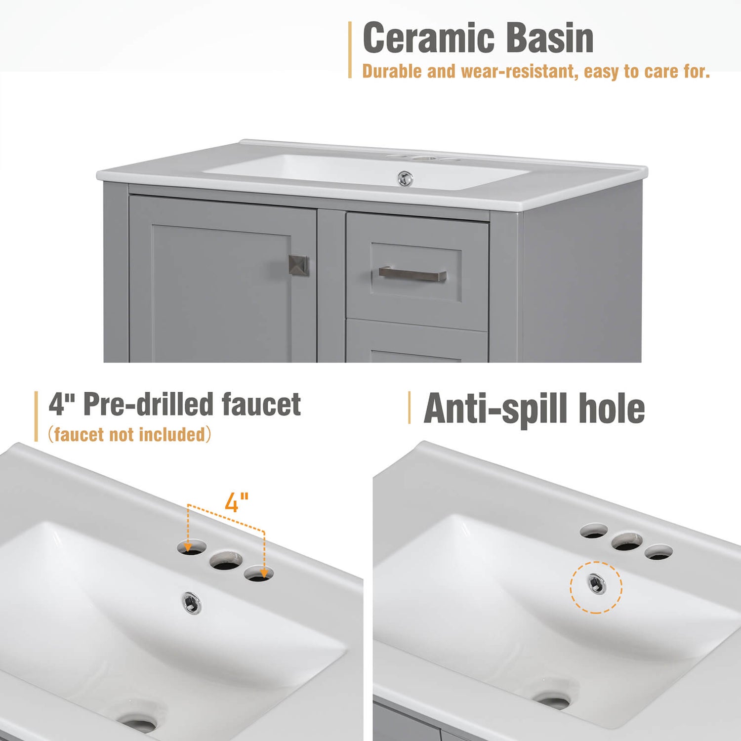 Sink Material Description of 30 Inch Grey Solid Wood Bathroom Vanity with Countertop