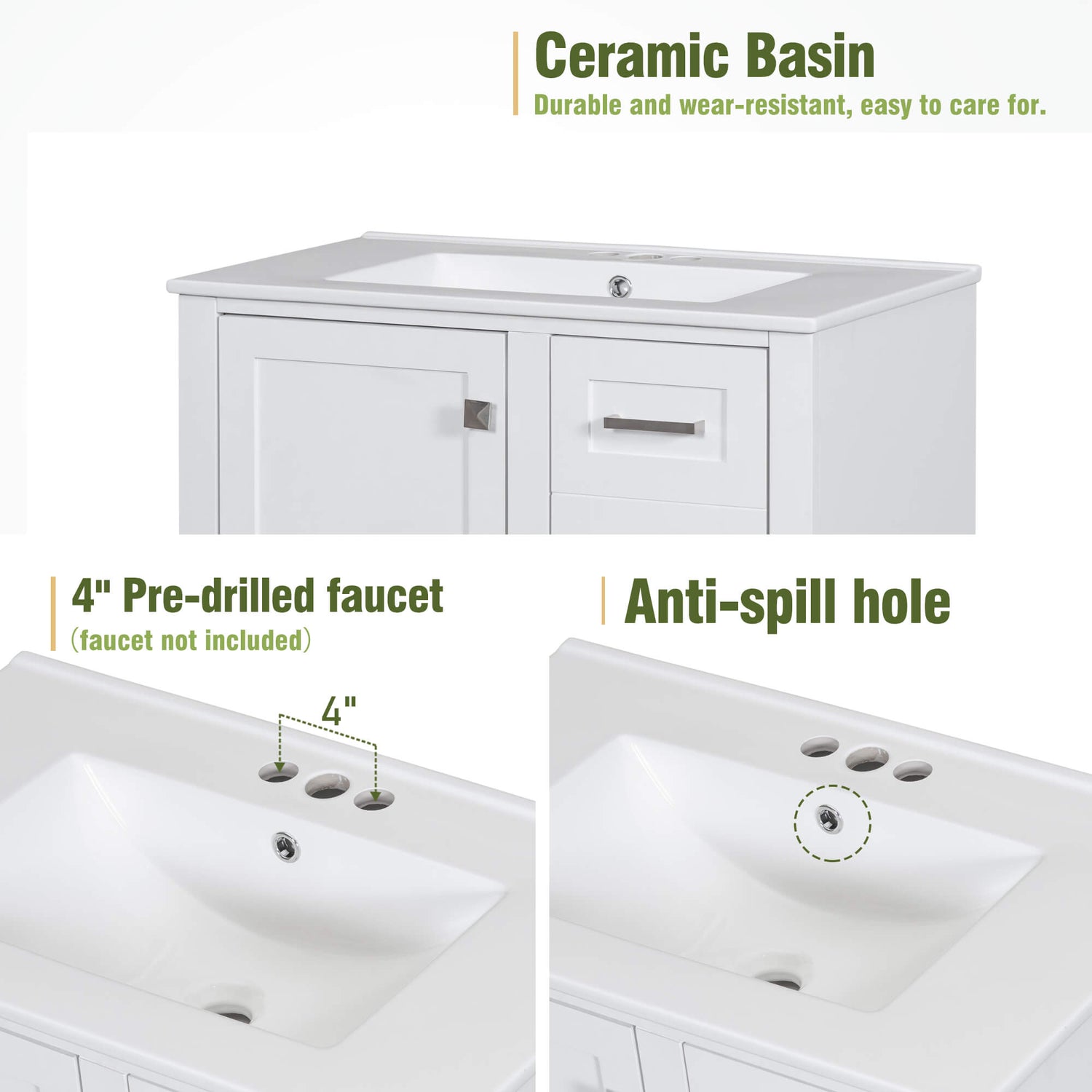 Sink Material Details of 30 Inch White Solid Wood Bathroom Vanity with Countertop