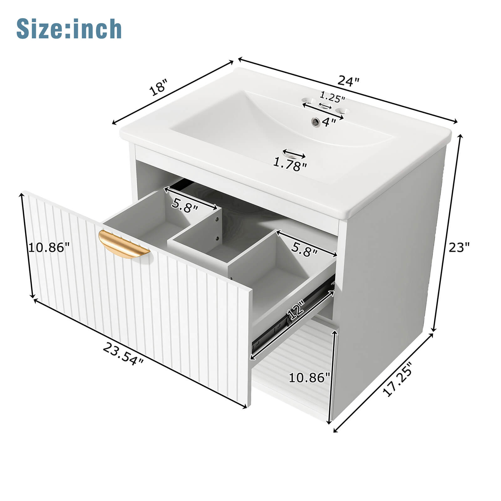 Sink dimensions outline drawing for 24 inch white floating bathroom vanity with sink