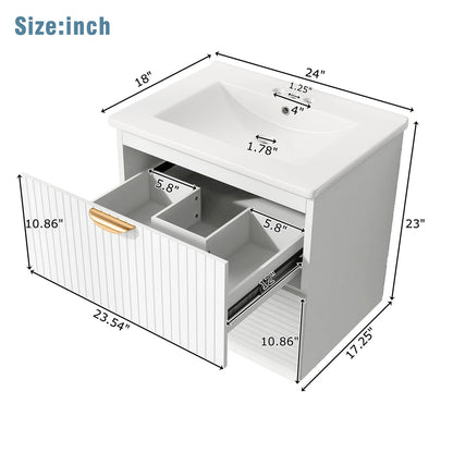 Sink dimensions outline drawing for 24 inch white floating bathroom vanity with sink