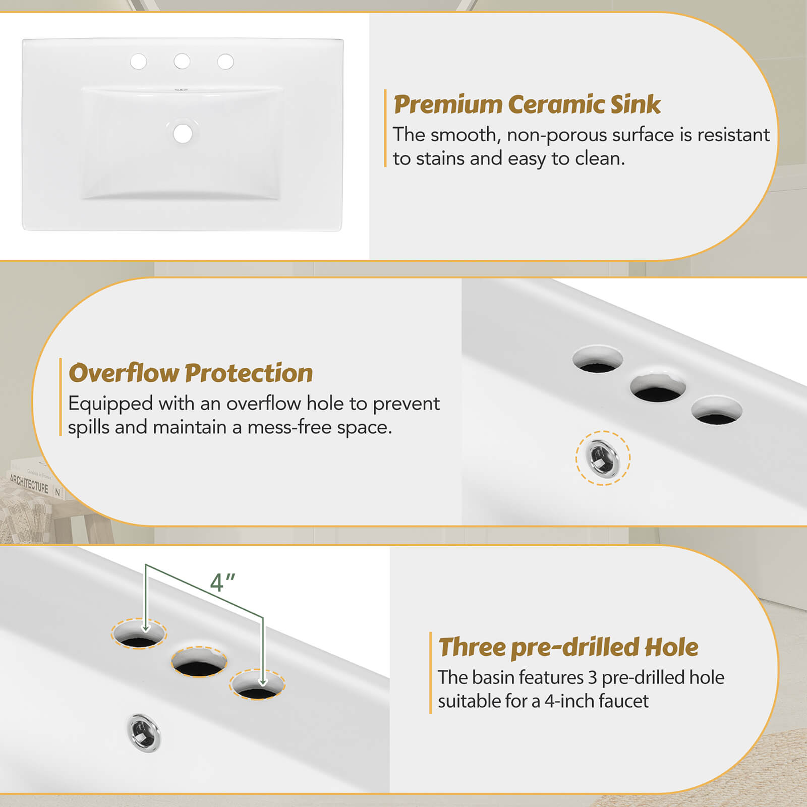 Sink hole spacing detail for 30 inch white bathroom vanity with undermount single sink