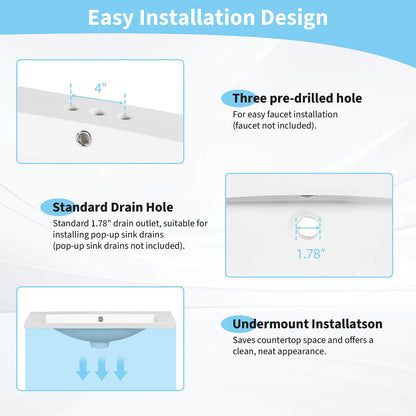 Sleek 30x18 in bathroom vanity top with pre drilled holes for 4 inch faucet spacing and a resin center sink in