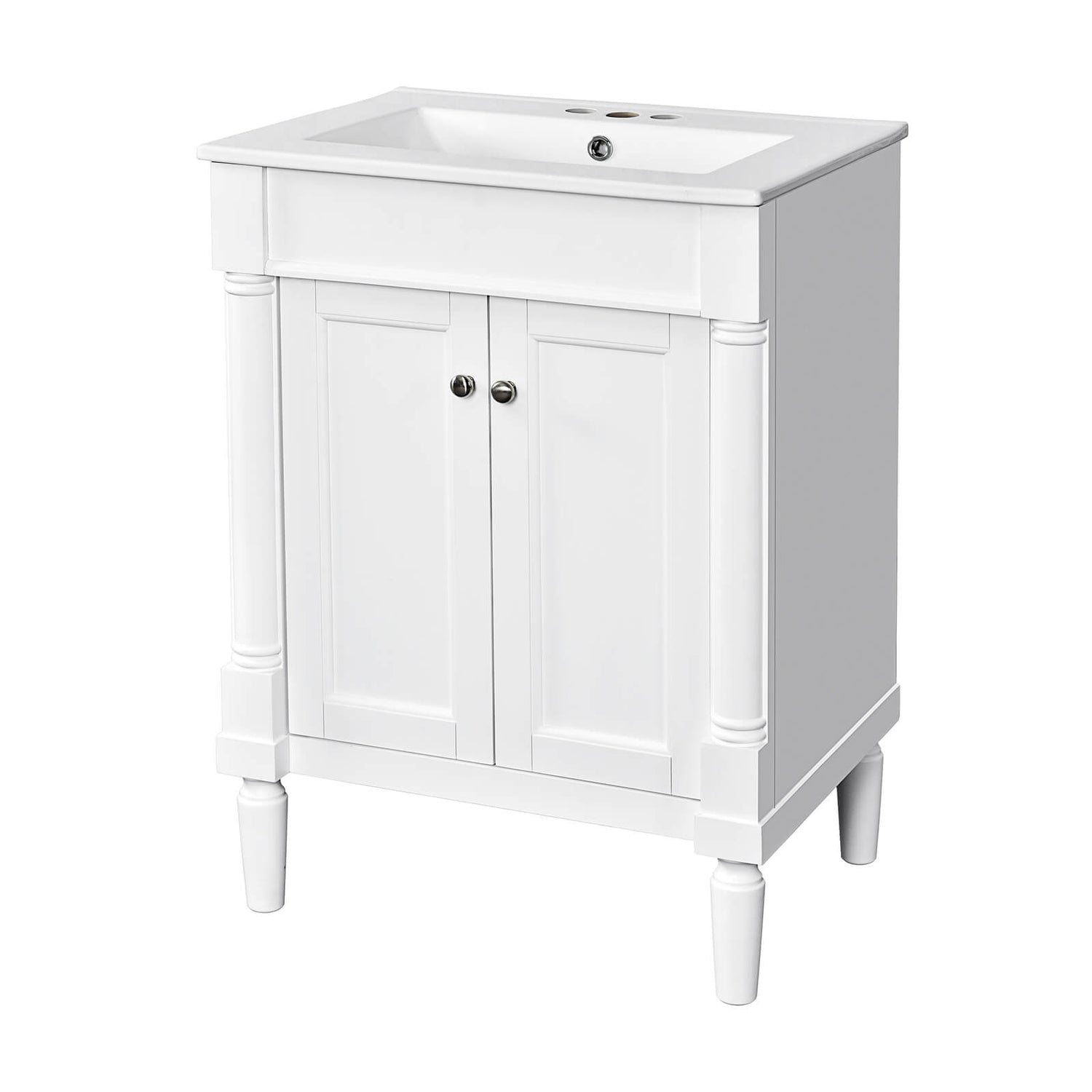 Sleek White Vanity with Cylindrical Legs and Silver Handles