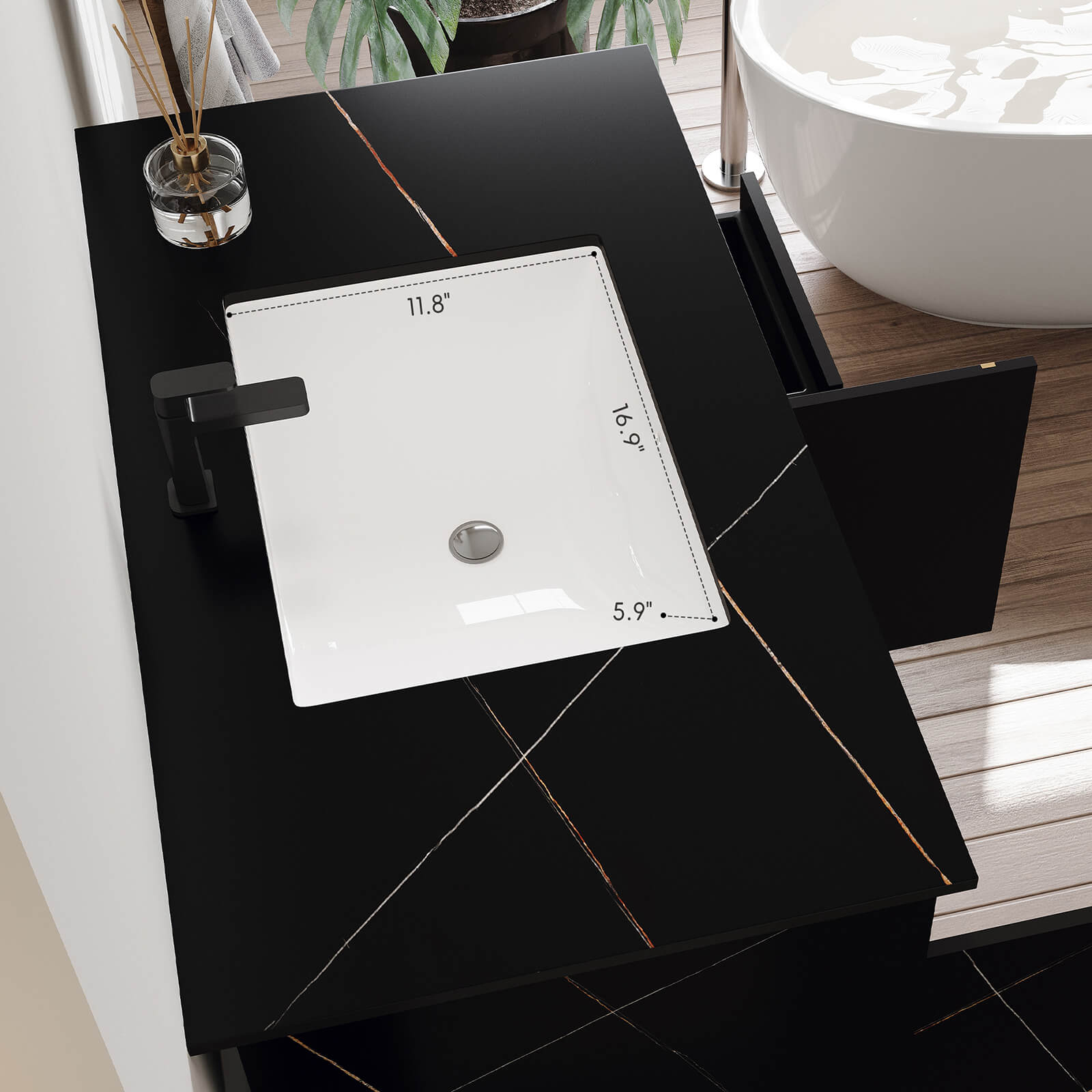 Sleek black floating vanity with marble countertop and ample storage space