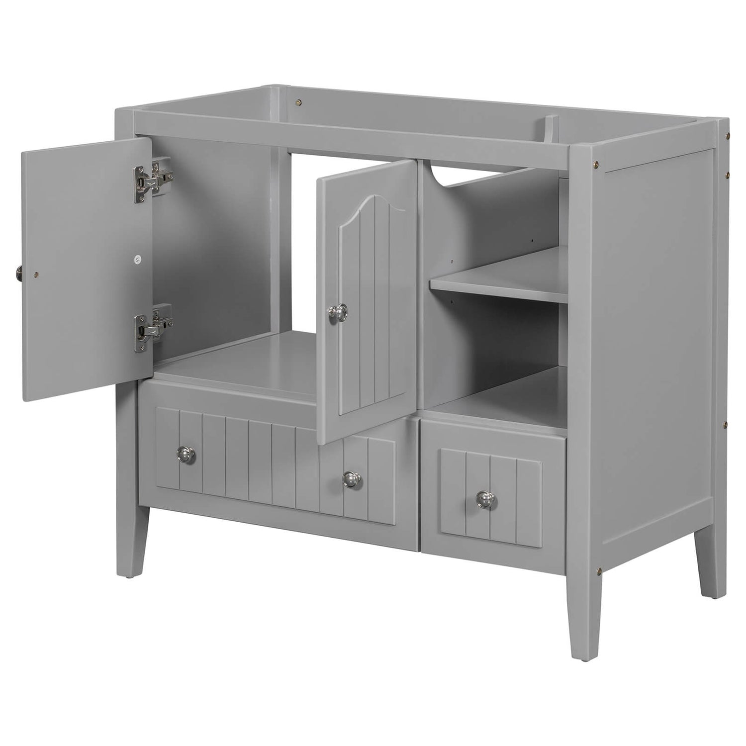 Sleek gray bathroom cabinet with smart storage options