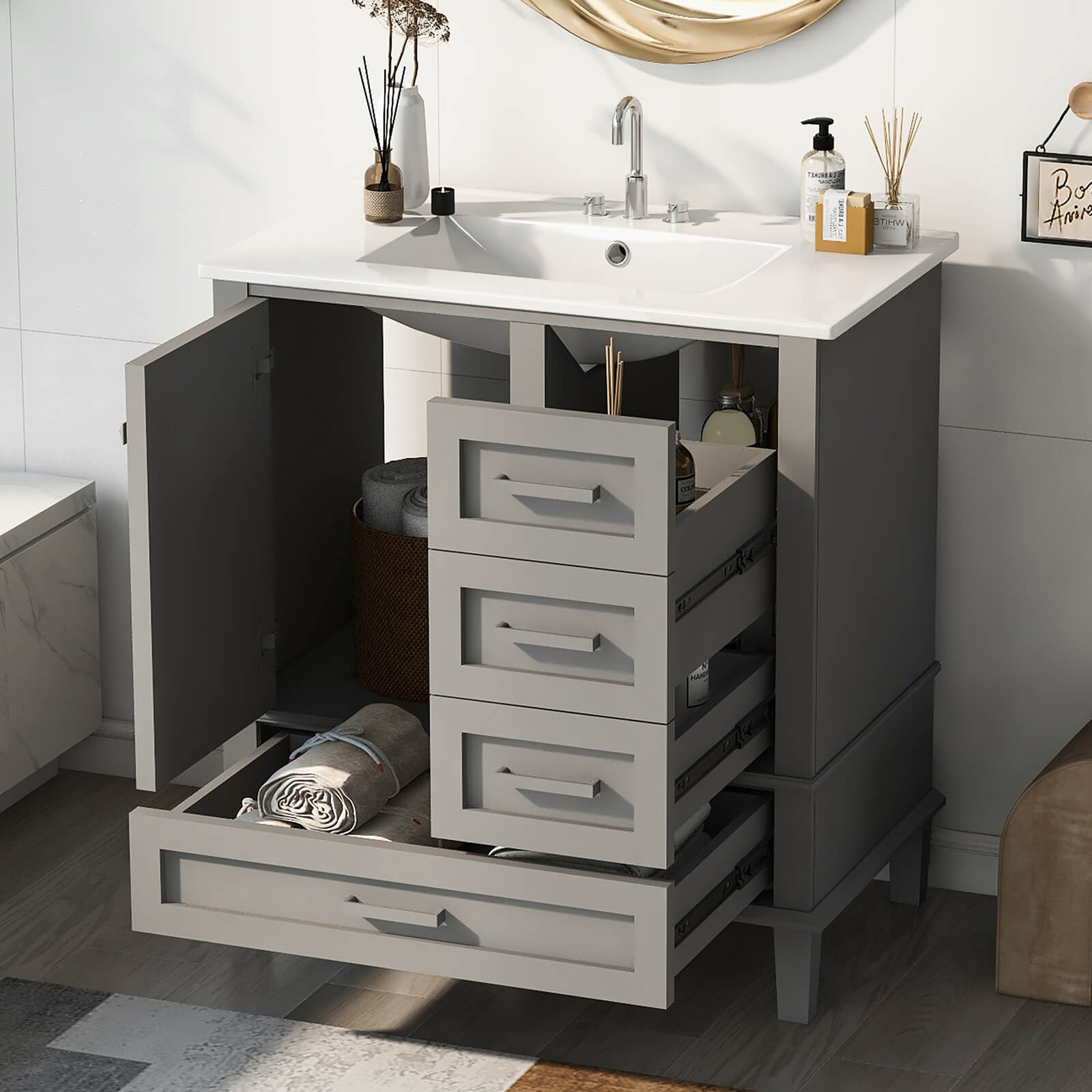 Sleek gray bathroom vanity with free shipping