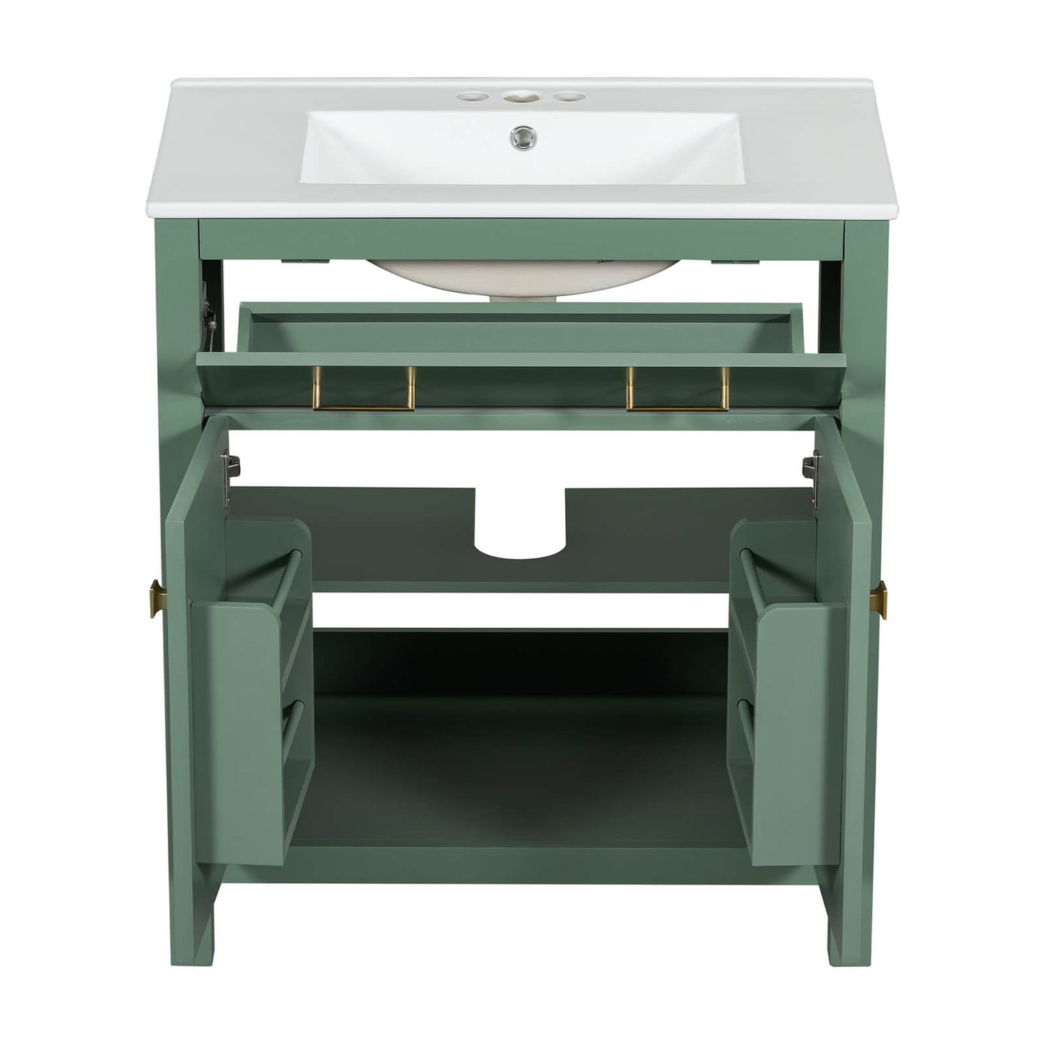 Sleek sage green vanity with versatile storage and low-maintenance surface