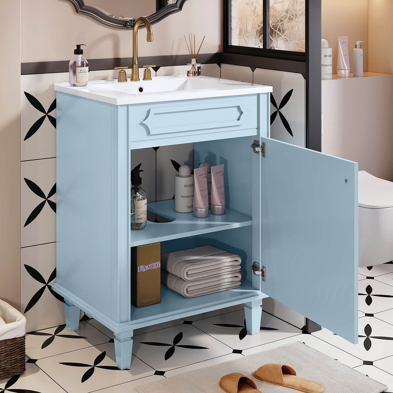 Small bathroom vanity with carved door details and seamless ceramic sink