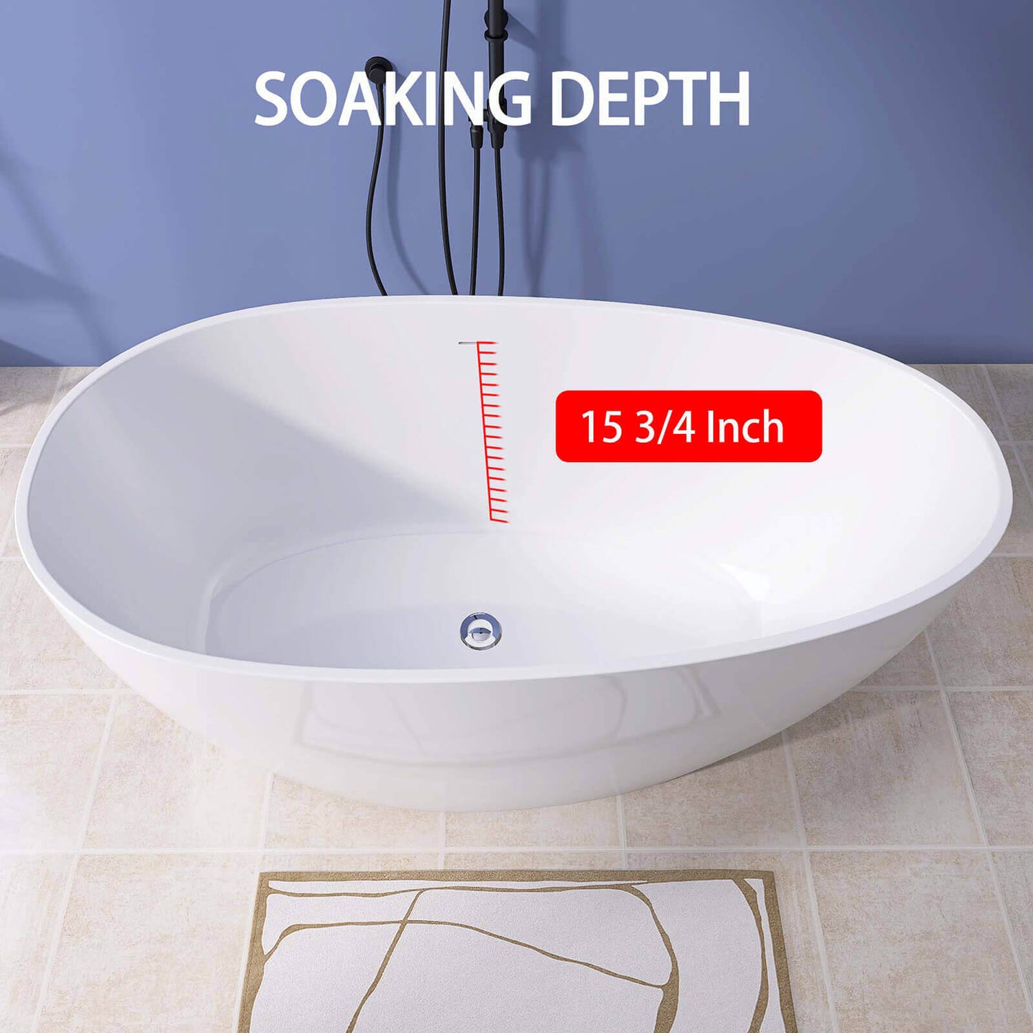 Soaking depth diagram for a 59 inch insulated acrylic freestanding bathtub