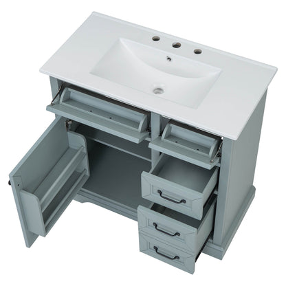 Soft Close Doors on 36 Inch Gray Green Freestanding Bathroom Vanity