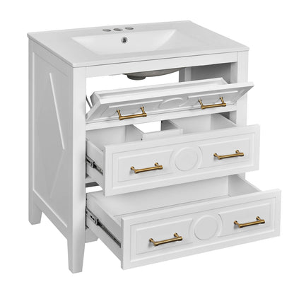 Soft Close Drawers and Flip Top Storage in White Bathroom Vanity