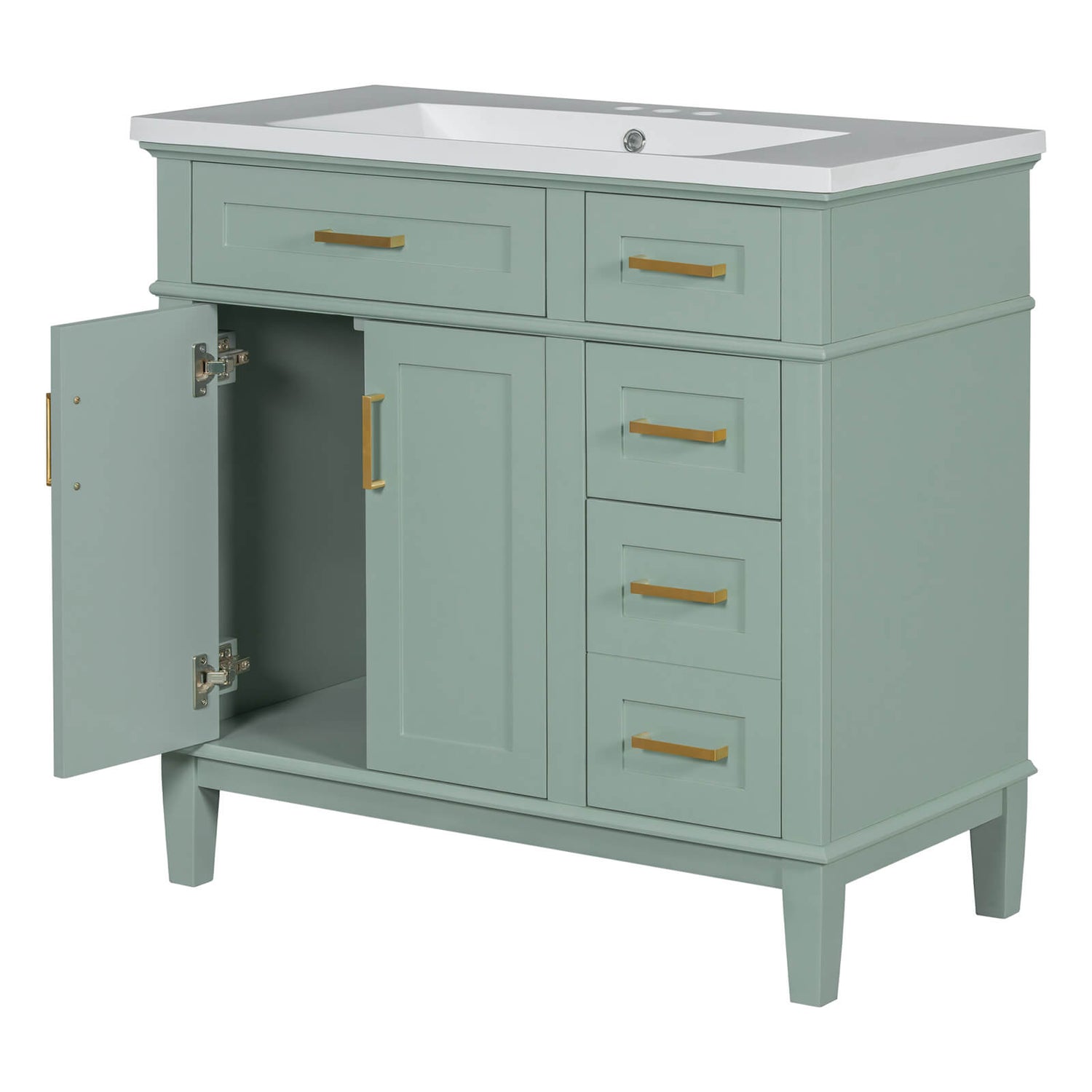 Soft-closing doors on mint green bathroom vanity