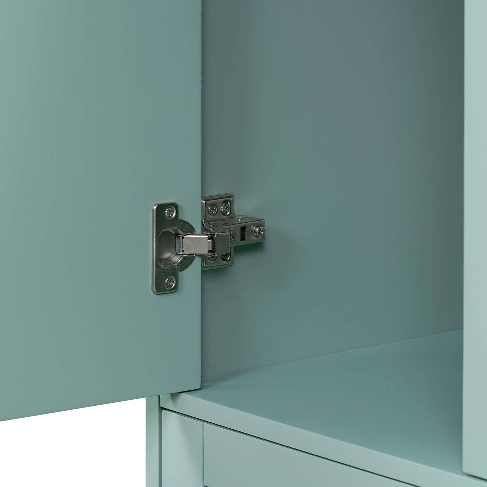 Soft open door detail on a 36 inch mint green bathroom vanity with integrated USB charging