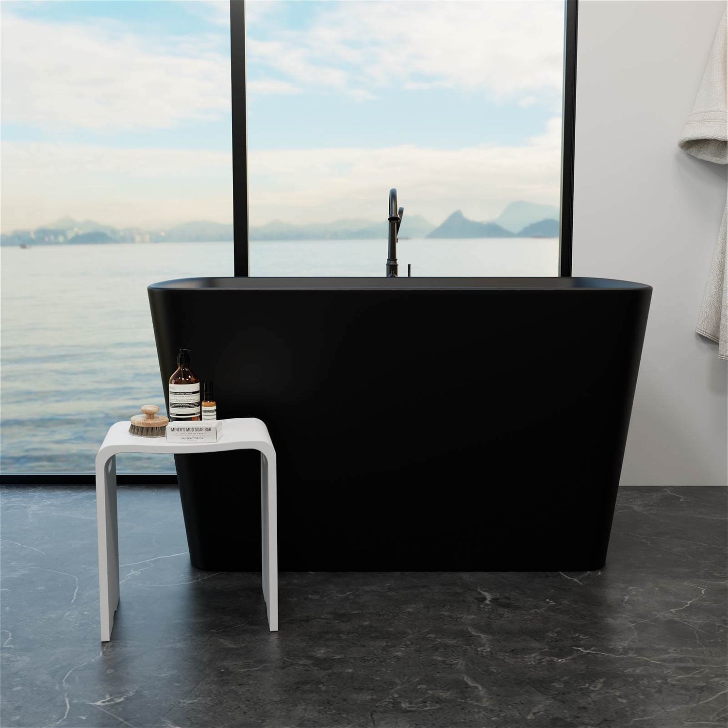 Solid surface compact bathroom stool with anti slip properties and 400 pound weight capacity