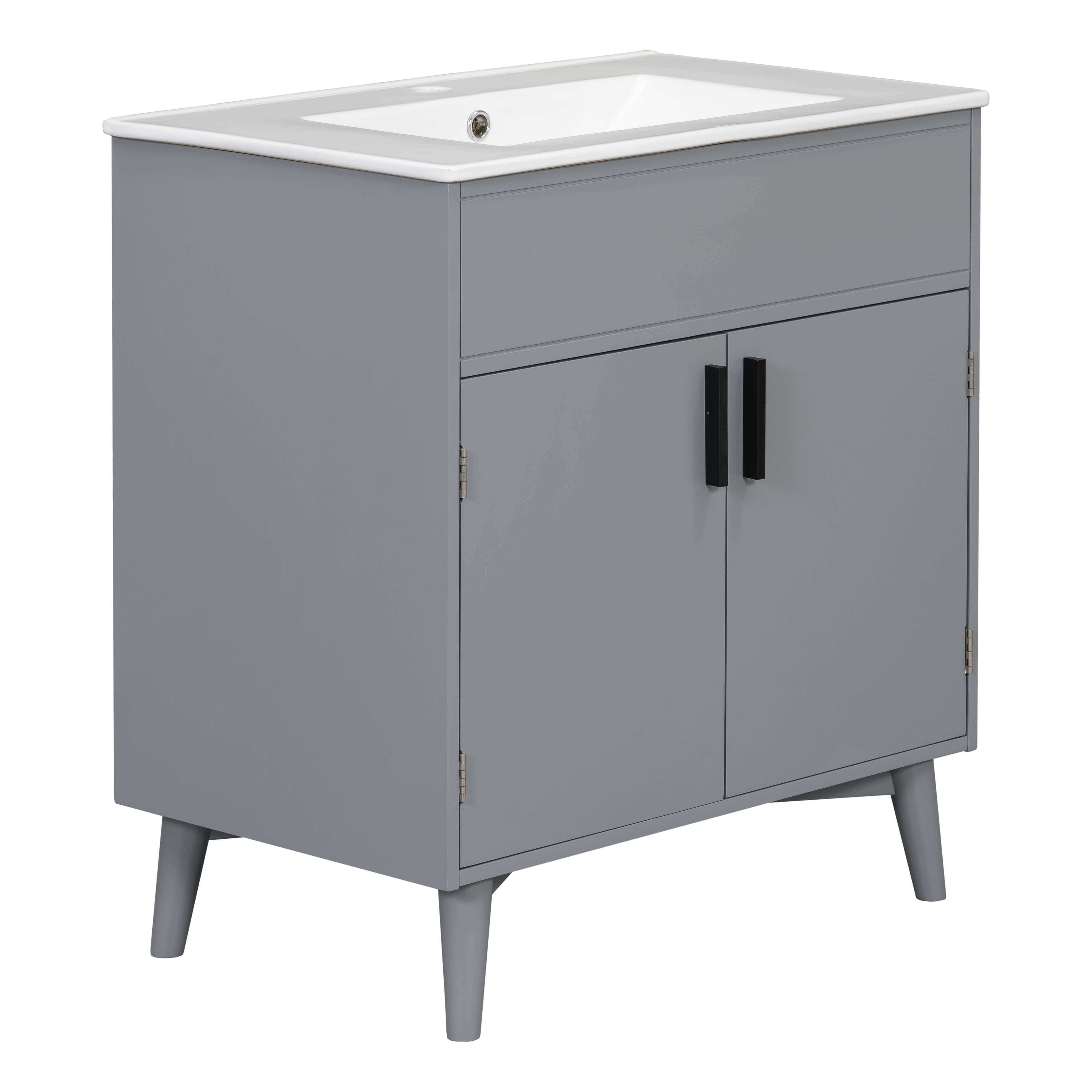 Solid wood vanity with gray cabinet and white rectangular sink