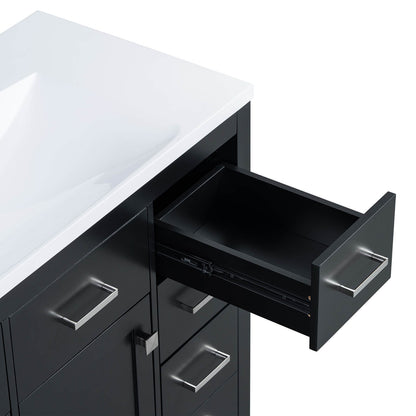 Sophisticated black bathroom vanity with multiple drawers and floor mount design