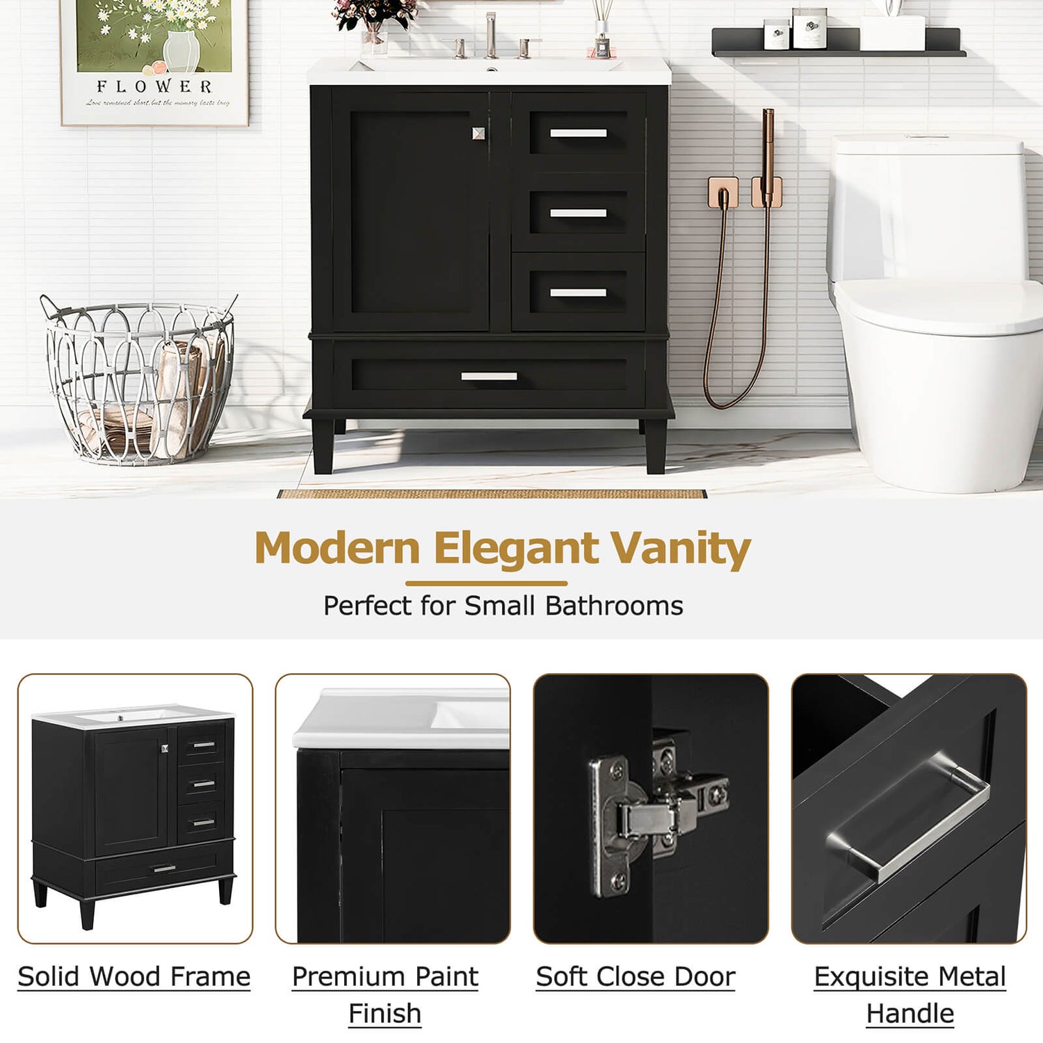 Sophisticated black and white bathroom vanity with silver handles