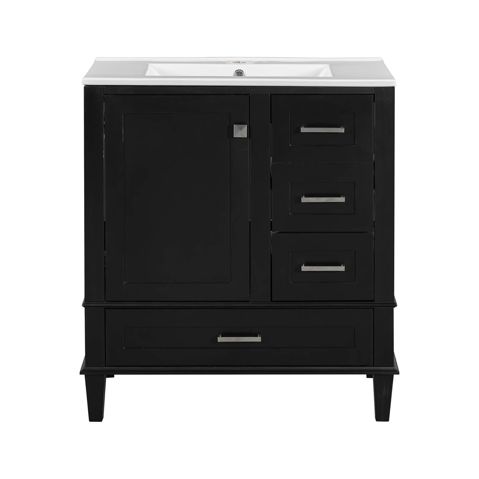 Sophisticated black vanity with high-quality white ceramic top and sleek silver handles