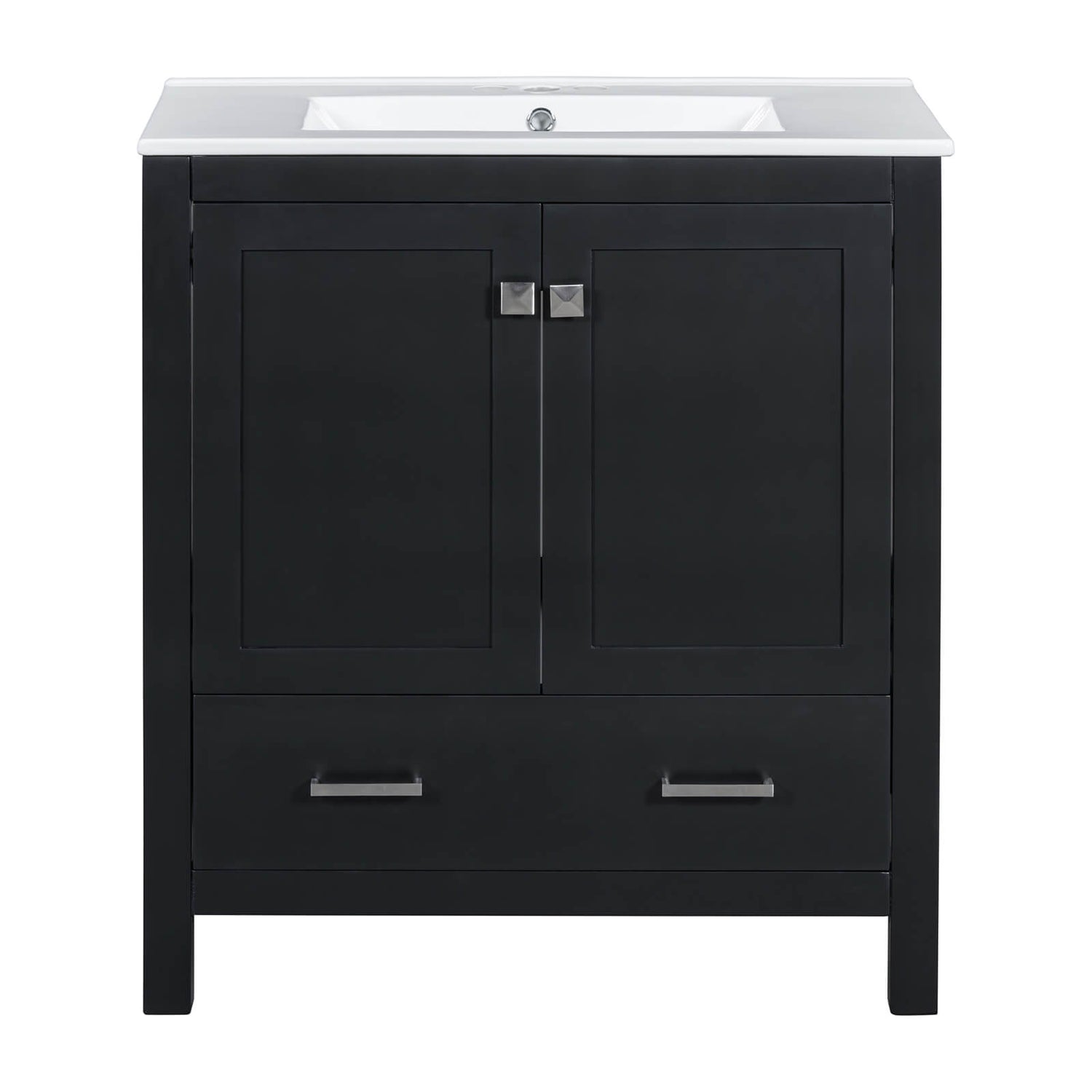 Sophisticated black vanity with pre-drilled sink and contemporary design