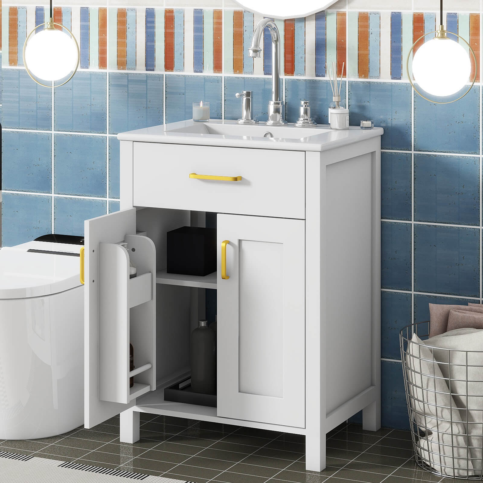 Space Efficient 24 in White Vanity with Ceramic Sink and Adjustable Shelf for Better Organization