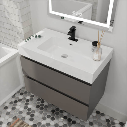 Space Saving Floating Vanity with Gray Finish and White Sink