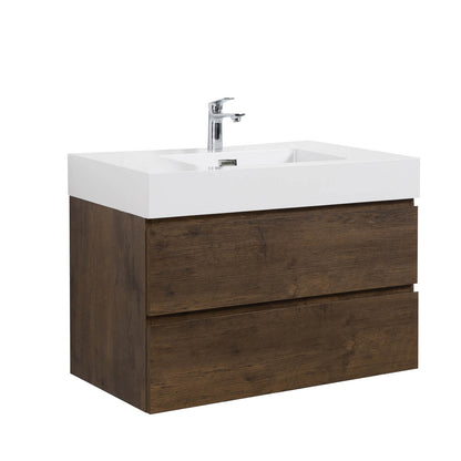 Space Saving Floating Vanity with Walnut Wood Grain and White Sink