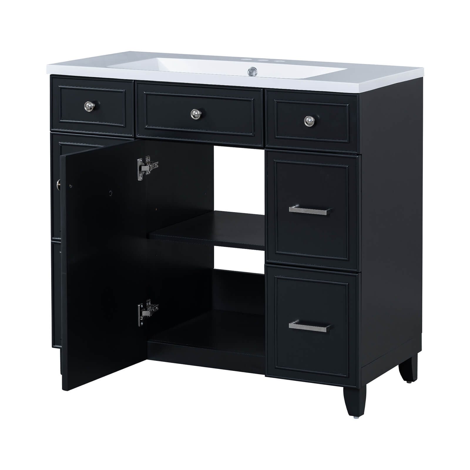 Space efficient 36 black vanity with integrated sink and storage