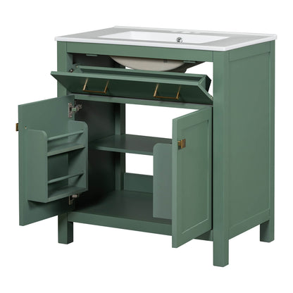 Space-efficient 30-inch sage green bathroom vanity with flip-top drawer