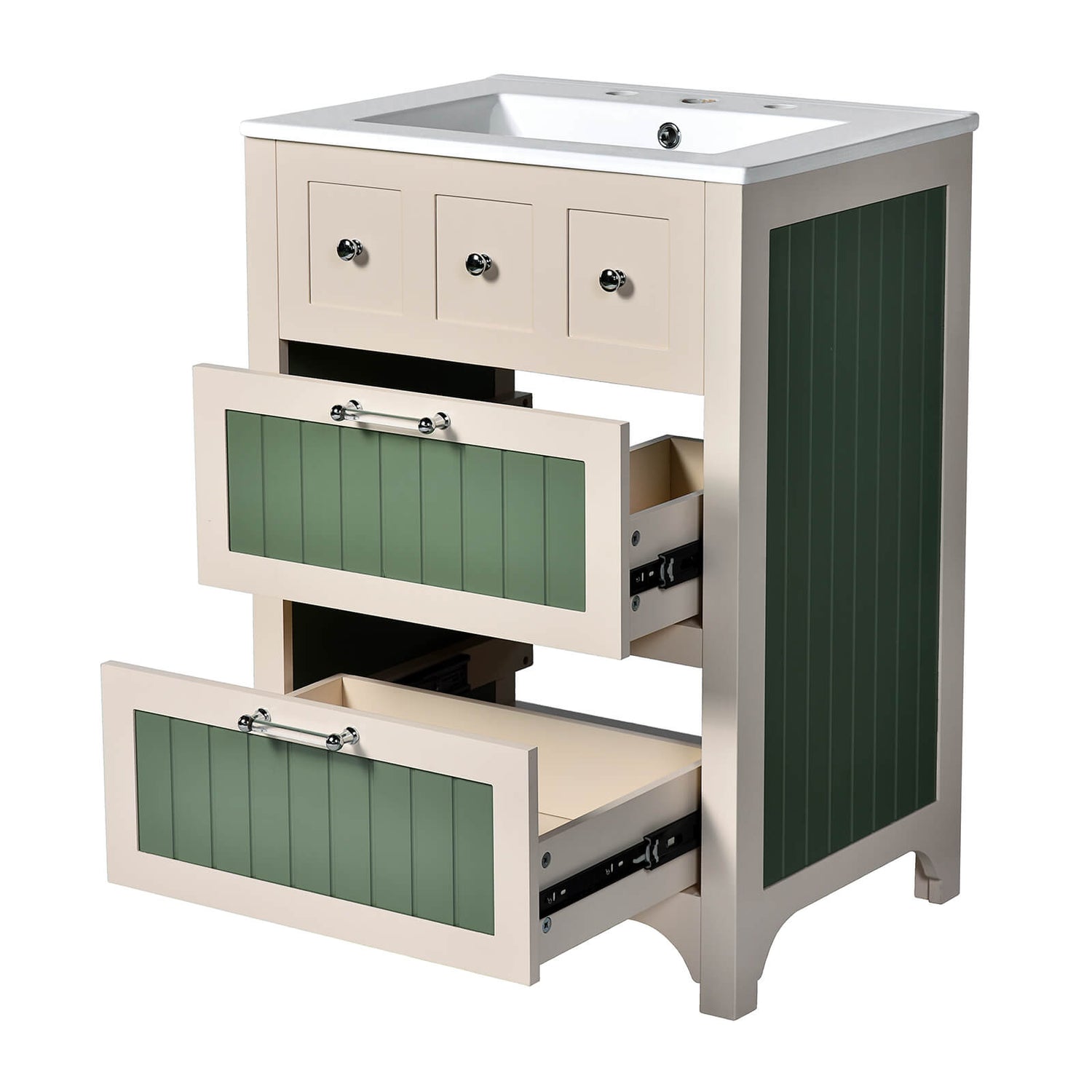 Space saving bathroom vanity with soft close drawer tracks