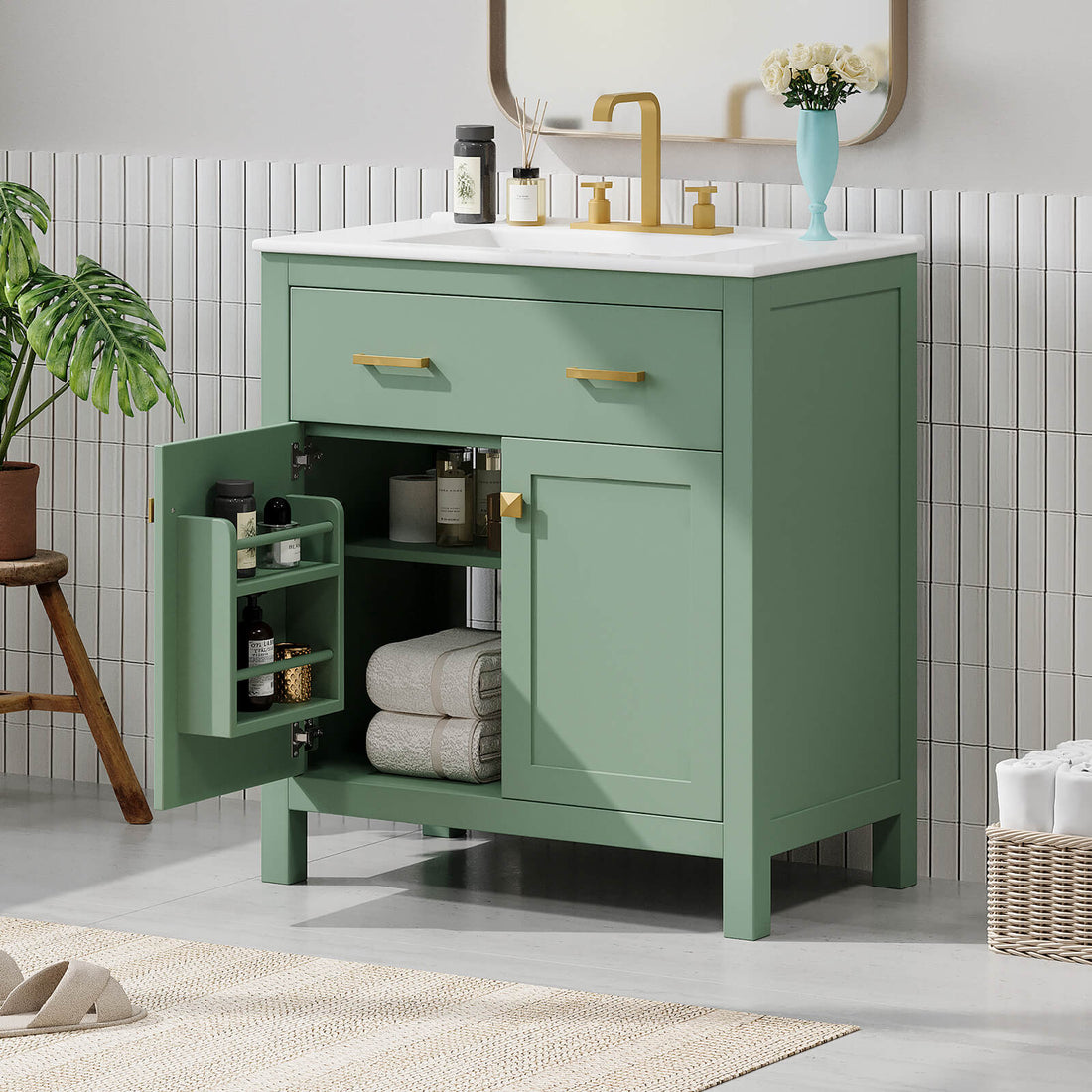 Space-saving 30-inch vanity with sage green finish and functional design