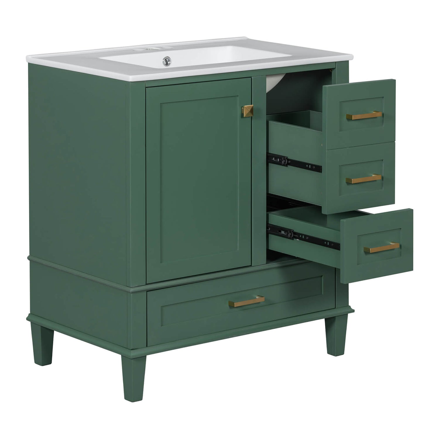 Space-saving dark green bathroom vanity with countertop and storage