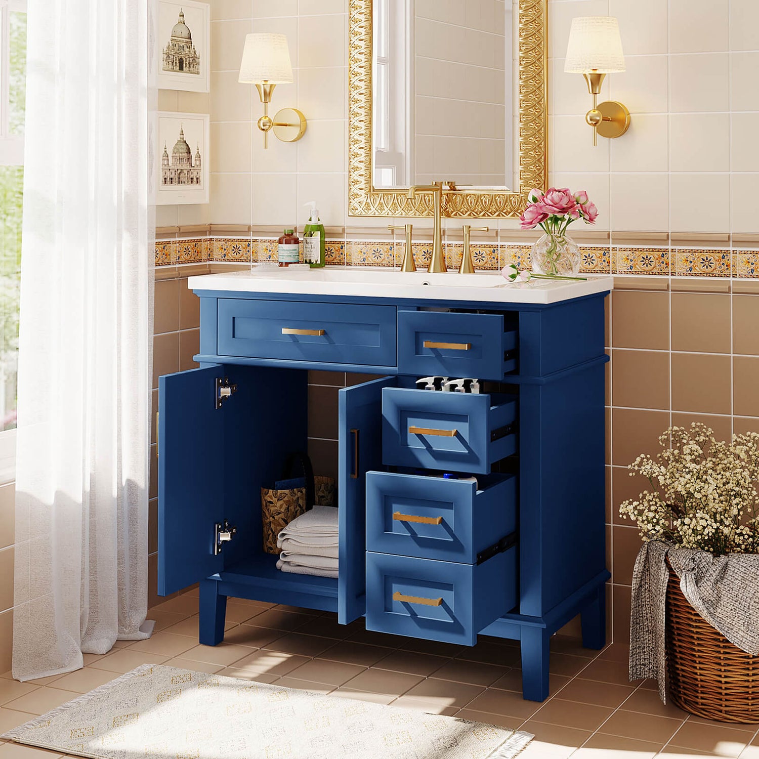 Spacious storage drawers in navy blue bathroom vanity