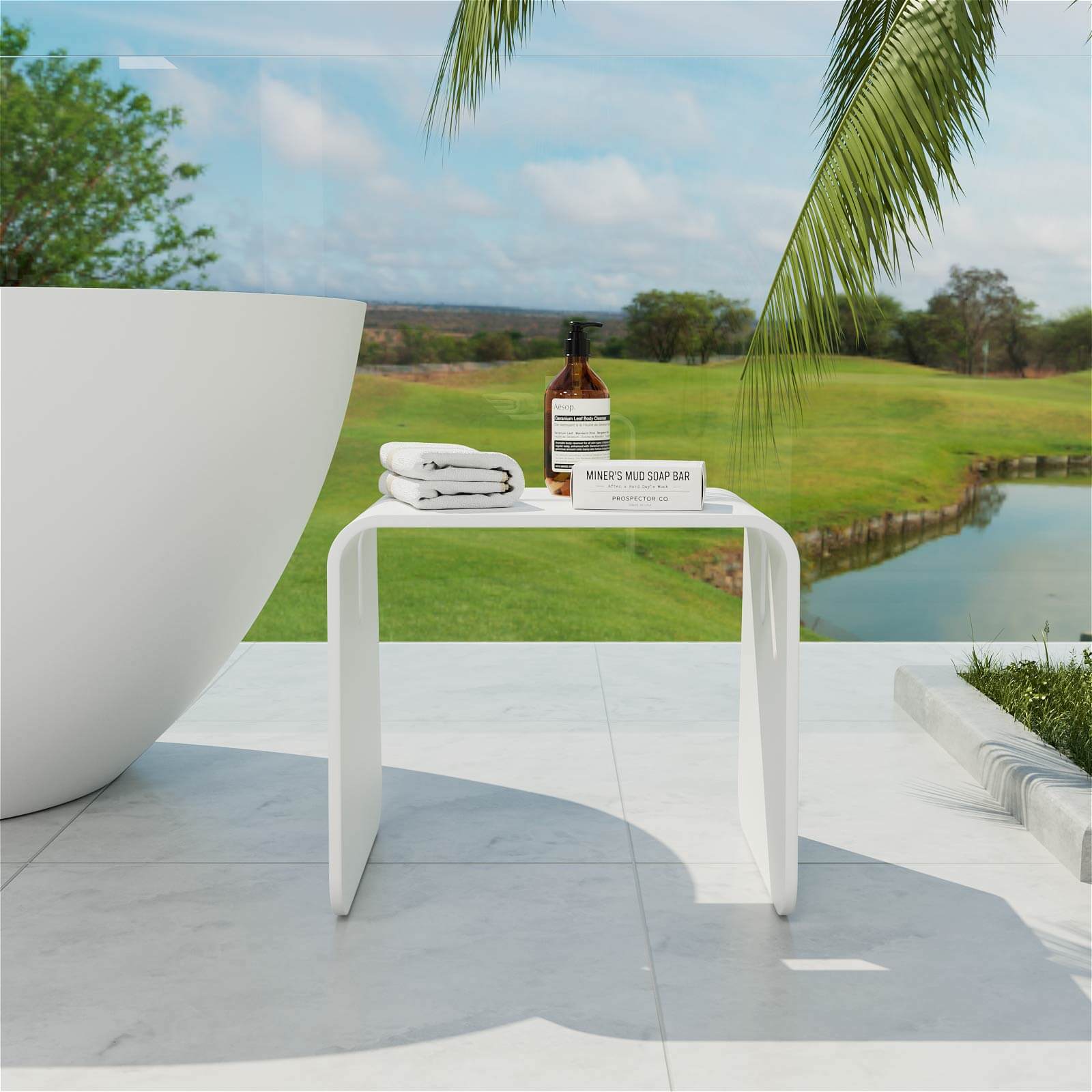 Square white bathroom stool HA8801 MW with sleek matte finish