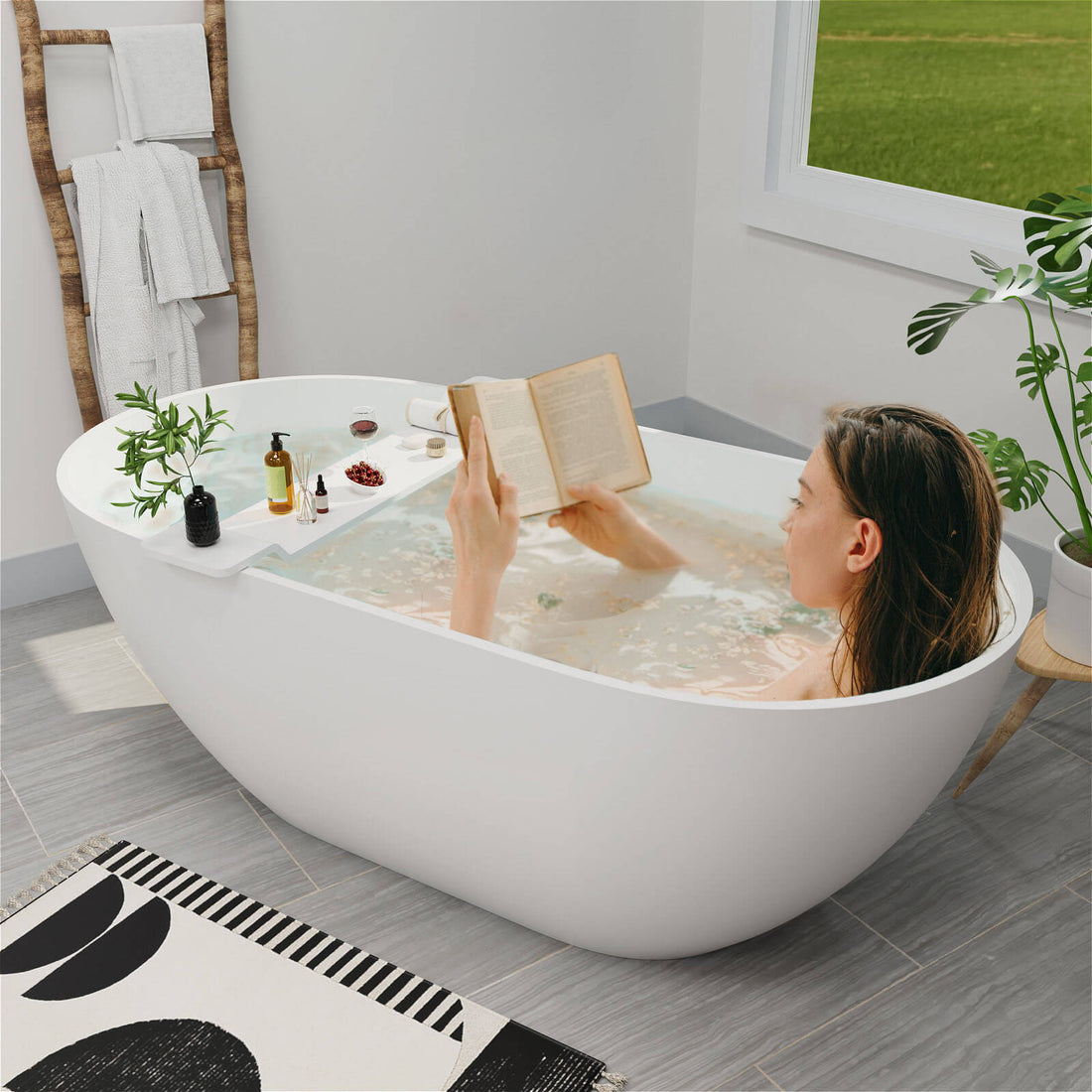 65&quot; Modern Oval Tub Solid Surface Stone Resin Freestanding Soaking Bathtub with Tub Tray