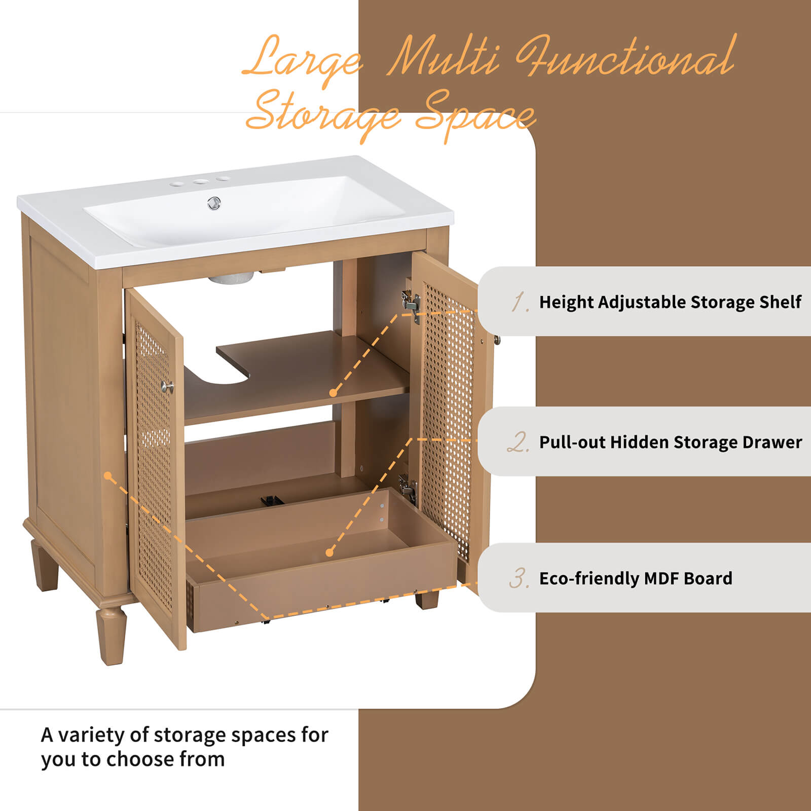 Storage Description for 30 Inch Freestanding Bathroom Vanity with Rattan Doors