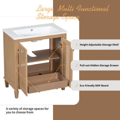 Storage Description for 30 Inch Freestanding Bathroom Vanity with Rattan Doors